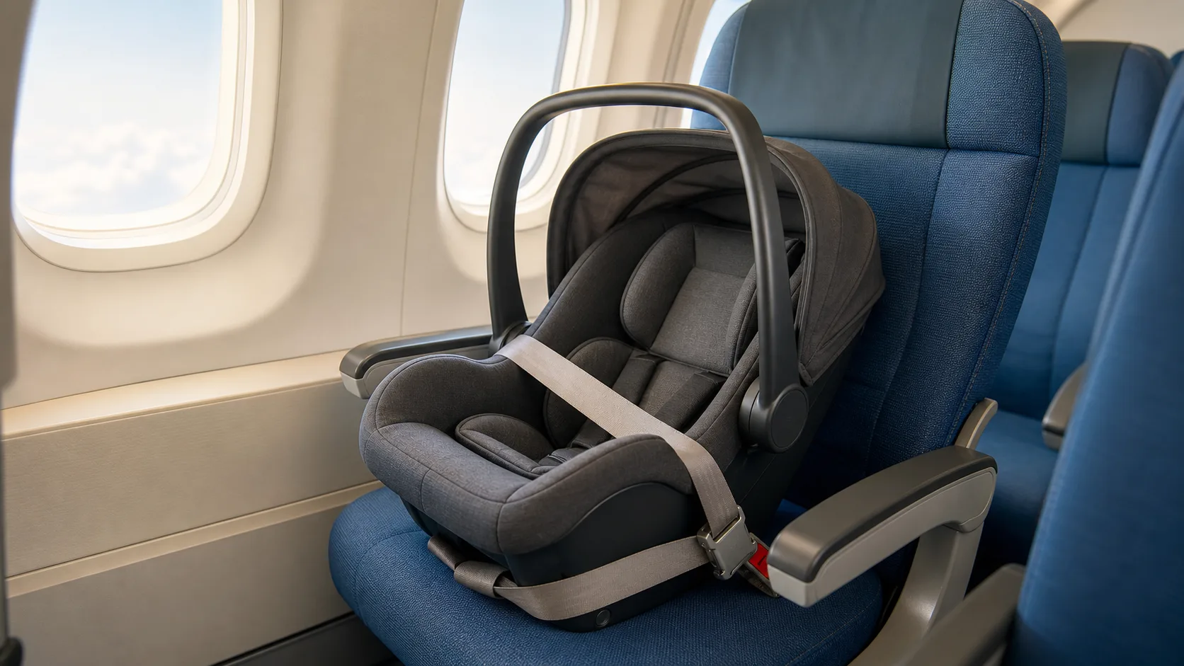 Illustration af en grå babyautostol spændt fast med hoftesele på et blåt flysæde ved vinduet